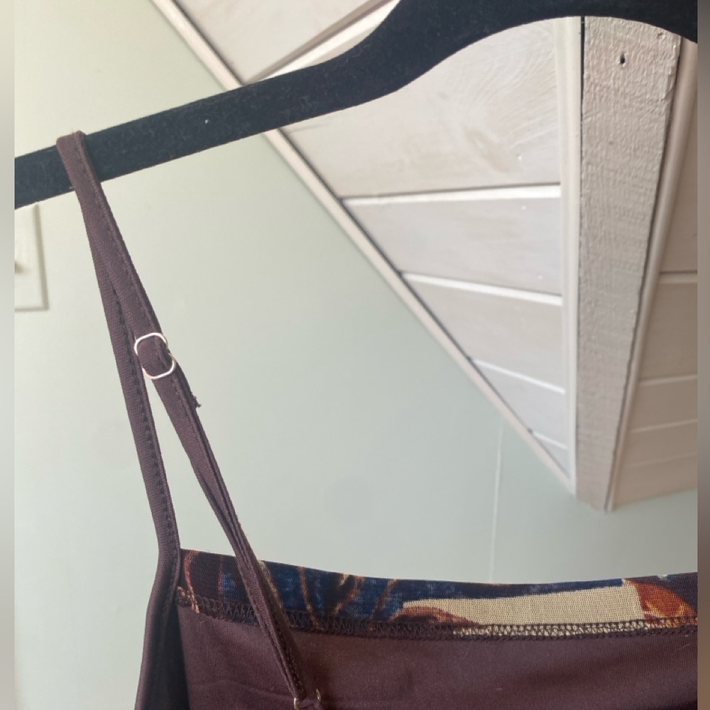 Mini Dress Womens Small Brown Floral Mesh Lined Stretch Strappy Ruffle Cider - Picture 7 of 9